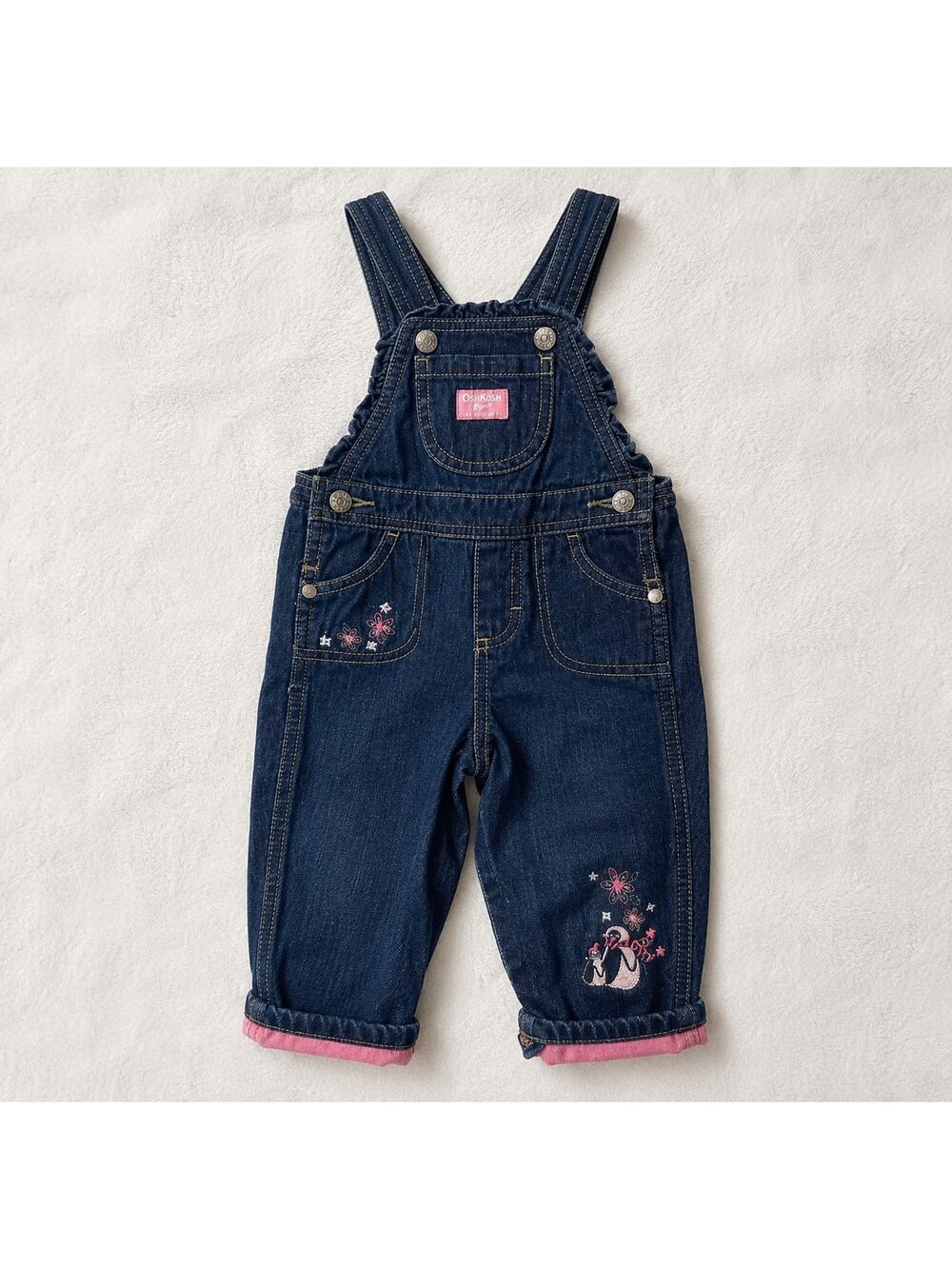 OshKosh B'gosh Girls 9M Denim Overalls Embroidered Penguin Pink Cuffed Baby